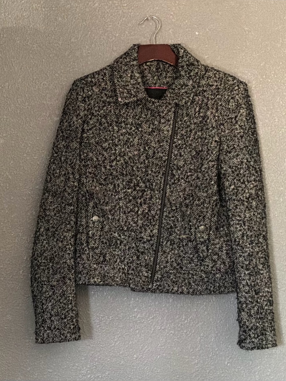 NAF NAF Black & White Tweed Asymmetric Zip Jacket